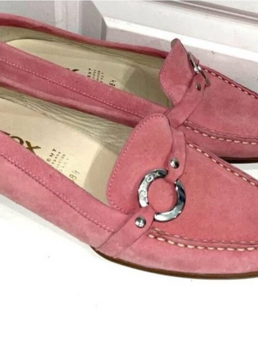 Geox Pink Suede Loafers with Silver Ring Accent